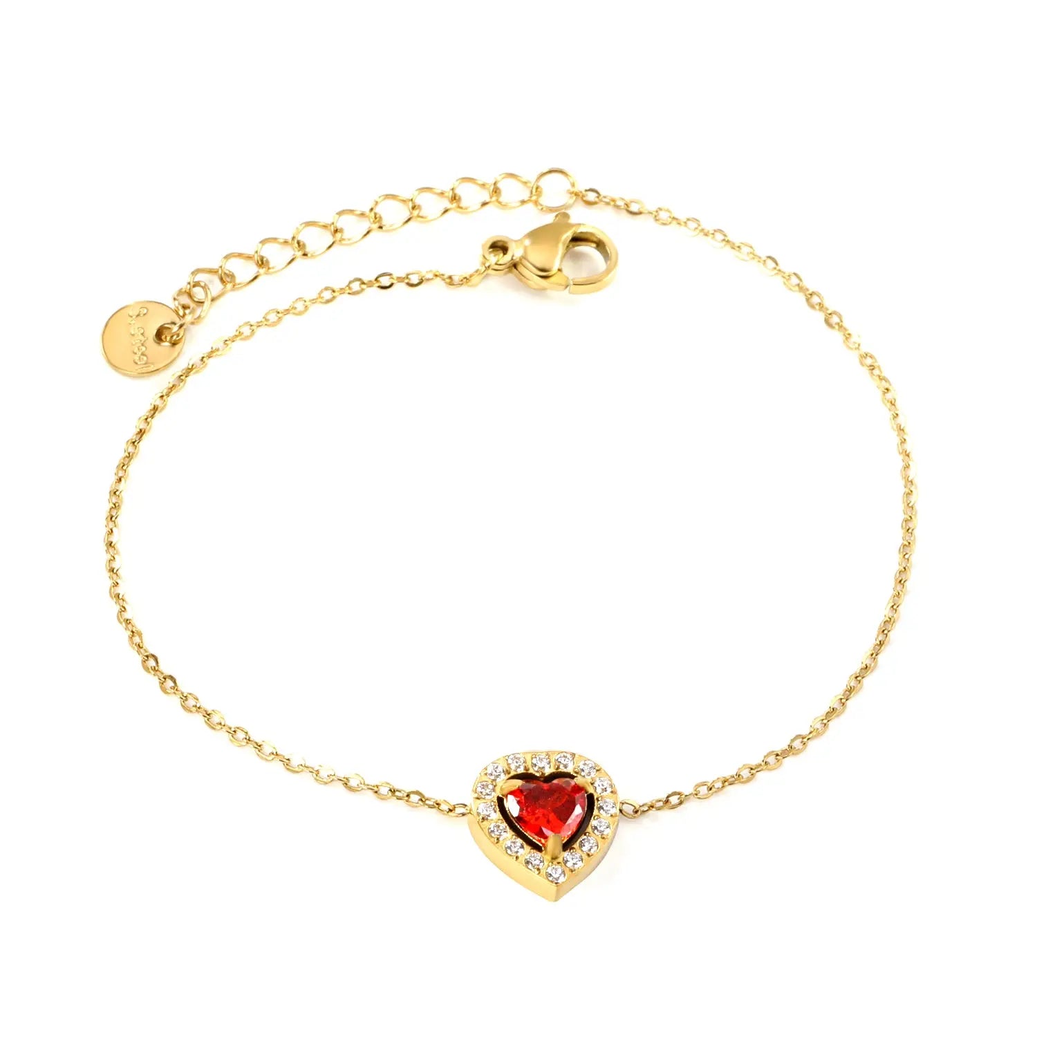 9.8*10.3mm peach heart with CNC white zirconium ring + garnet red genuine zirconium accessories bracelet 17+3cm+6mm round end plaque steel color/golden asonjewelry
